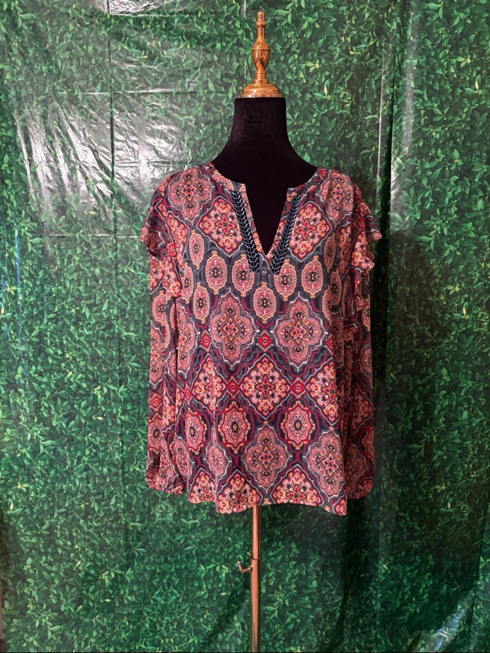 LOFT Printed V-Neck Long-Sleeve Medallion Boho Top in Teal and Coral